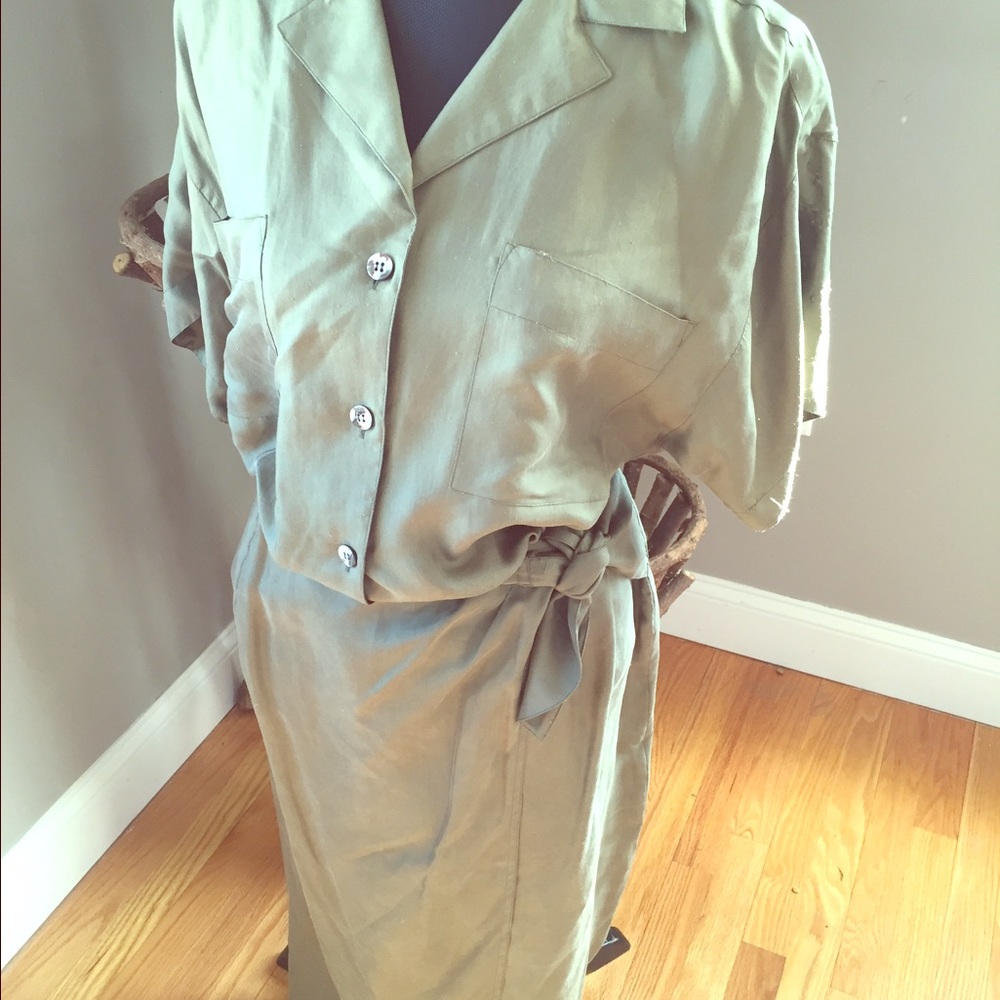 Dusky olive 100% silk wrap skirt and blouse